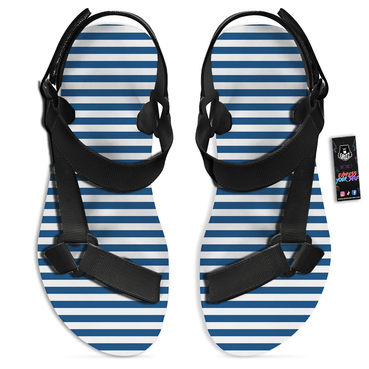 Striped Blue Print Pattern Black Open Toe Sandals-grizzshop