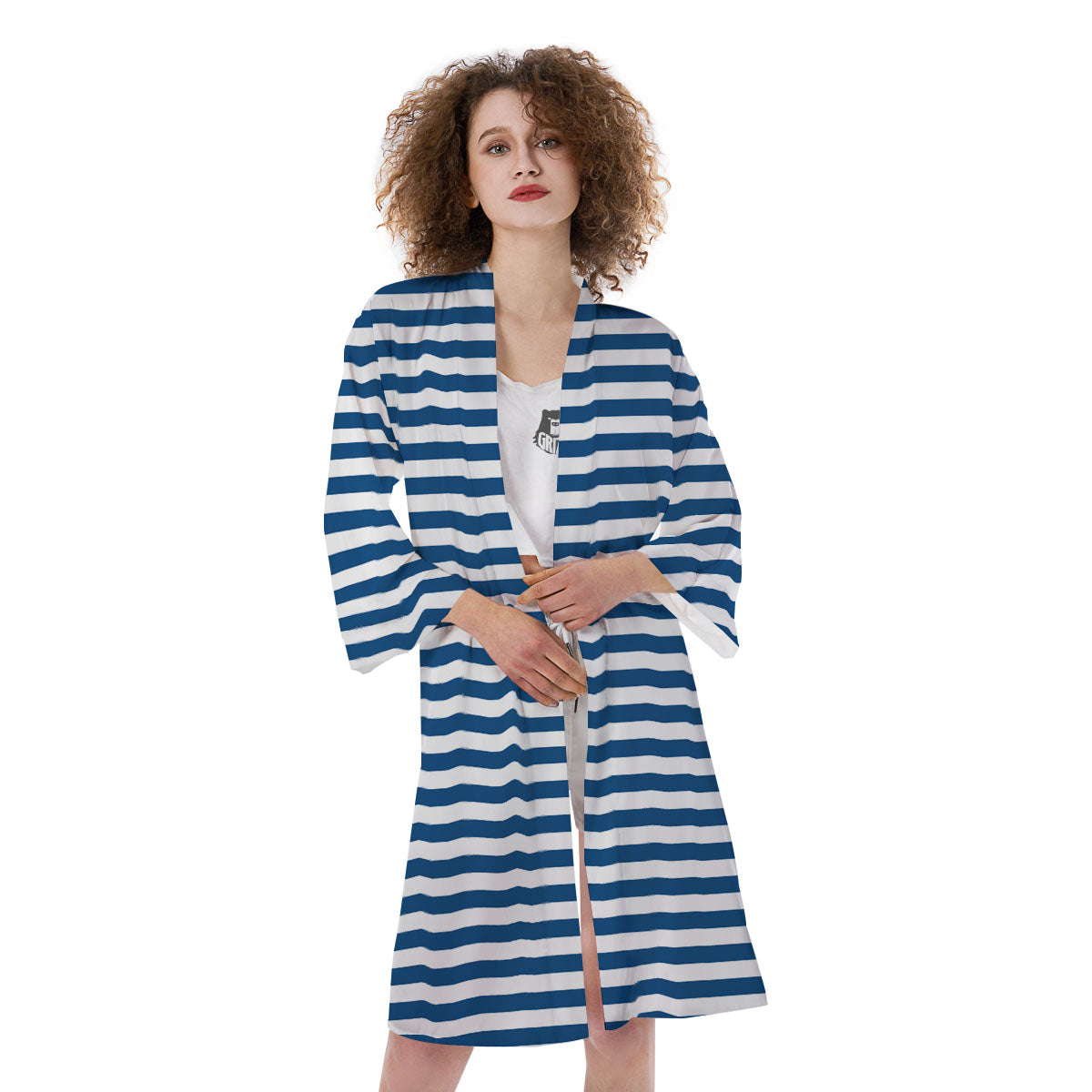 Striped Blue Print Pattern Kimono-grizzshop