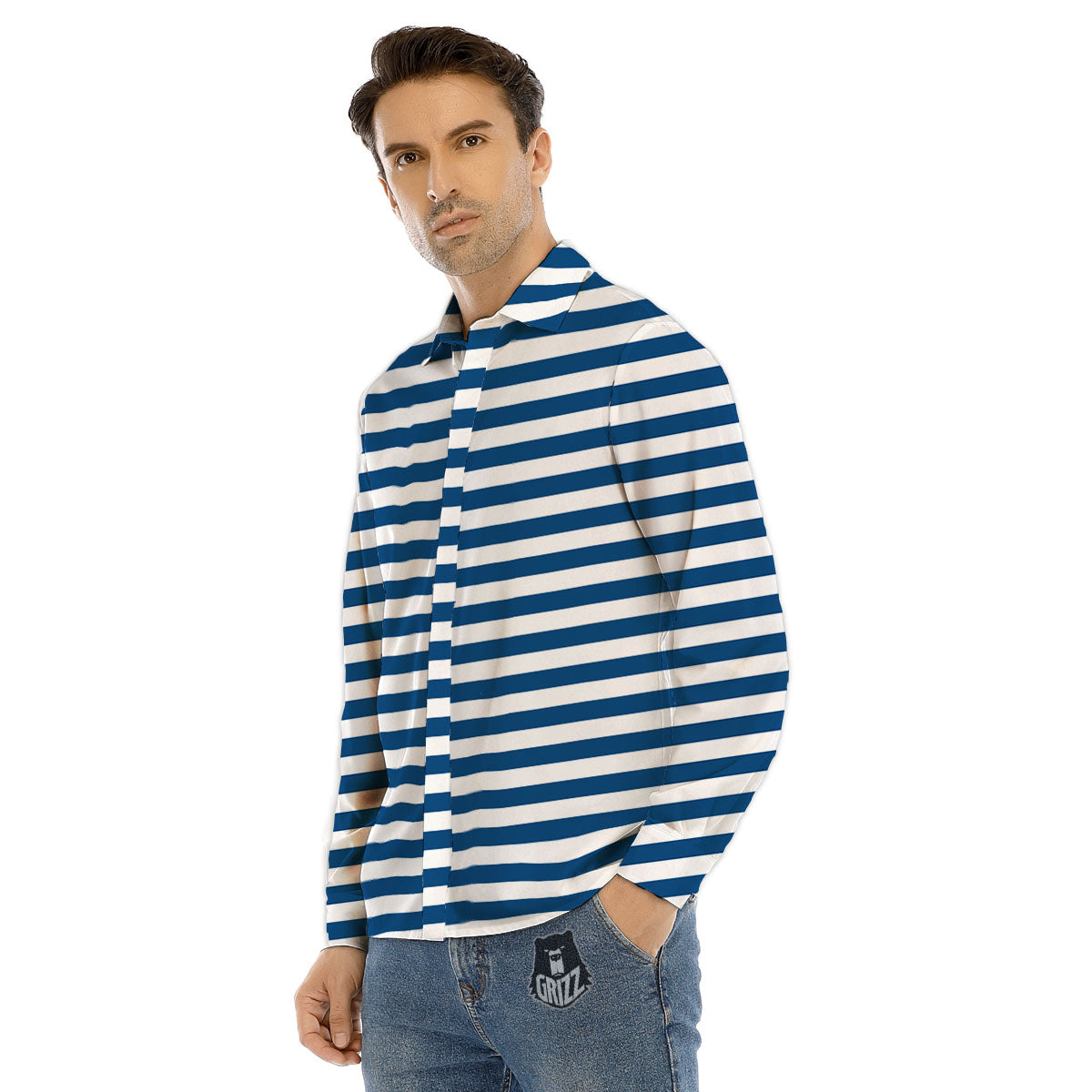 Striped Blue Print Pattern Men's Dress Shirts-grizzshop