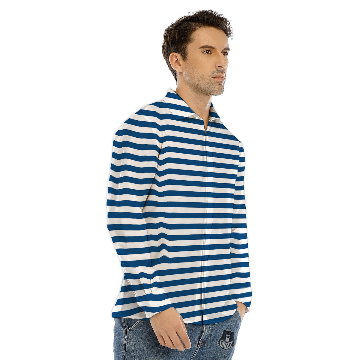 Striped Blue Print Pattern Men's Dress Shirts-grizzshop