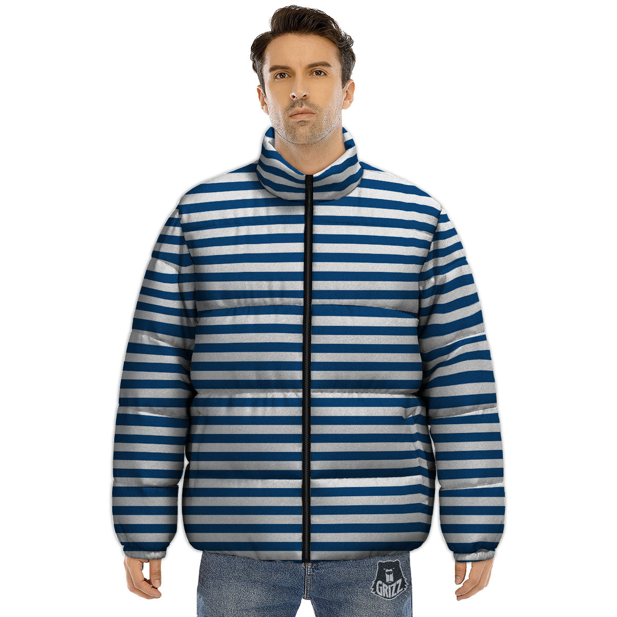 Striped Blue Print Pattern Puffer Jacket-grizzshop