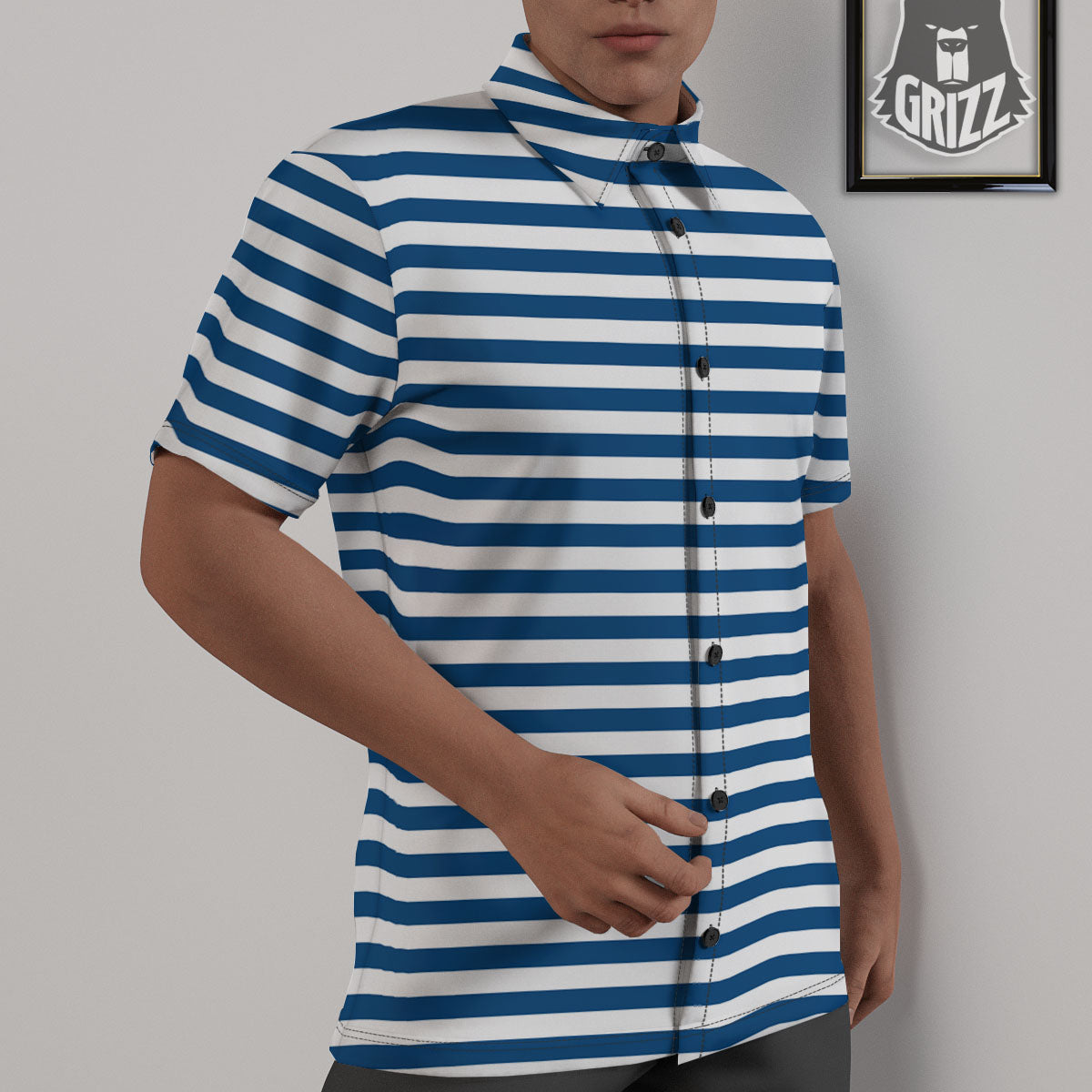Striped Blue Print Pattern Untucked Shirts-grizzshop