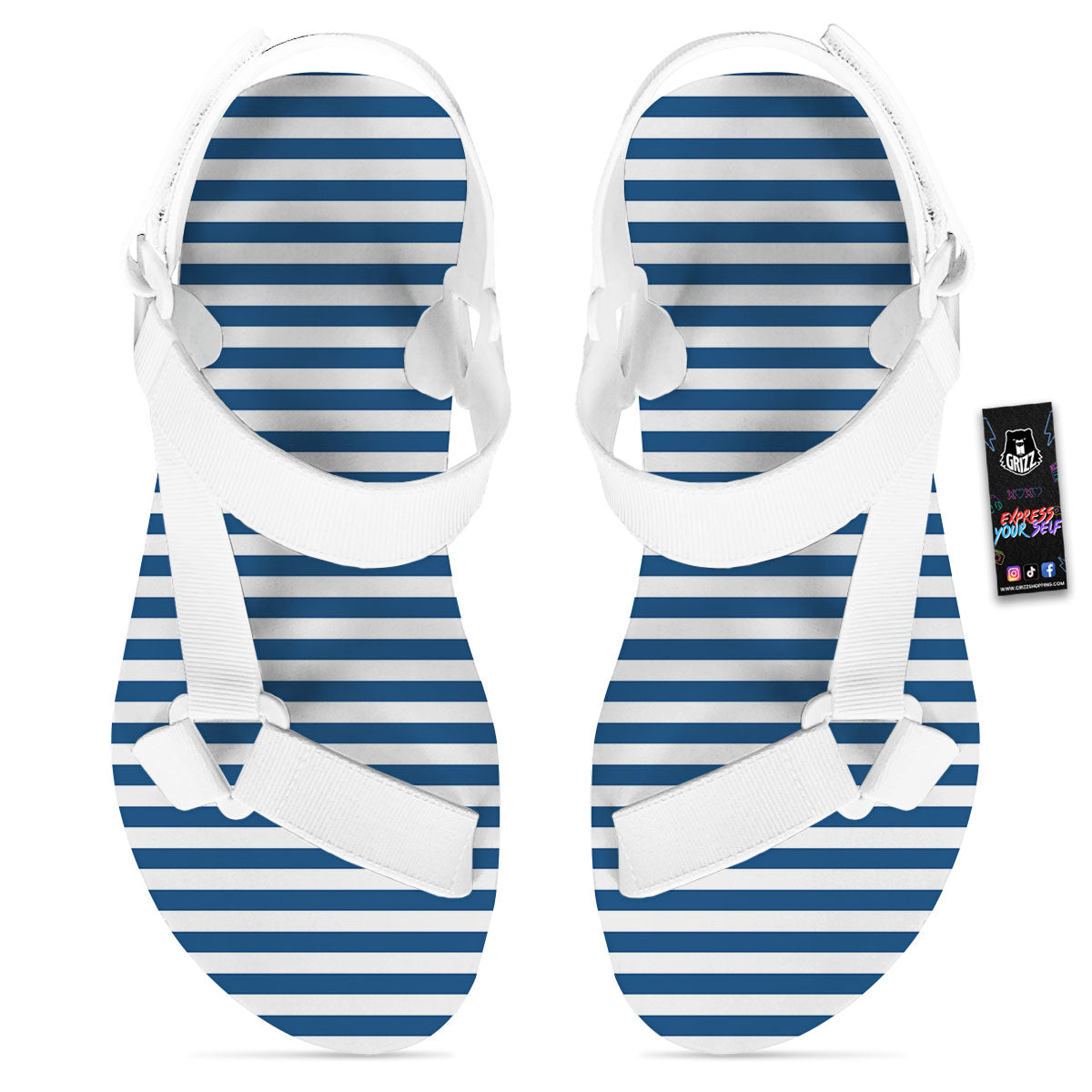 Striped Blue Print Pattern White Open Toe Sandals-grizzshop