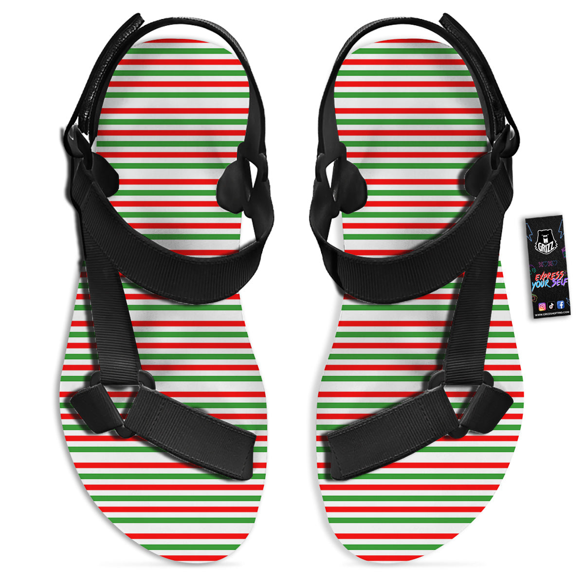 Striped Candy Cane Print Pattern Black Open Toe Sandals-grizzshop