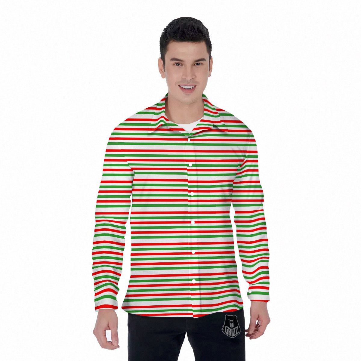 Striped Candy Cane Print Pattern Men's Long Sleeve Shirts-grizzshop