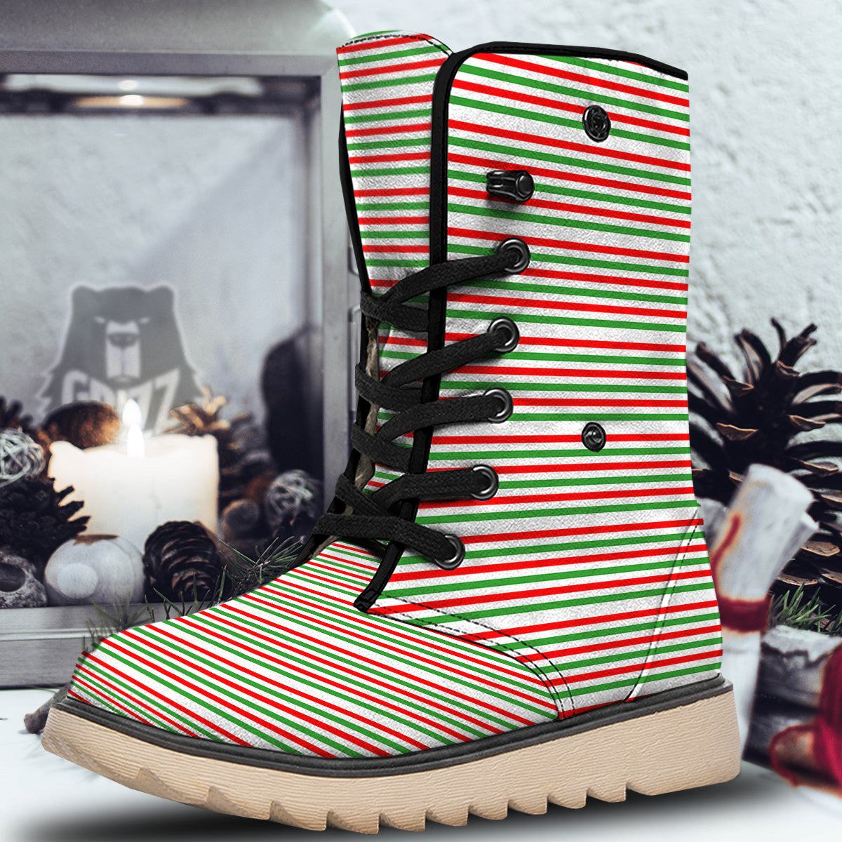Striped Candy Cane Print Pattern Snow Boots-grizzshop