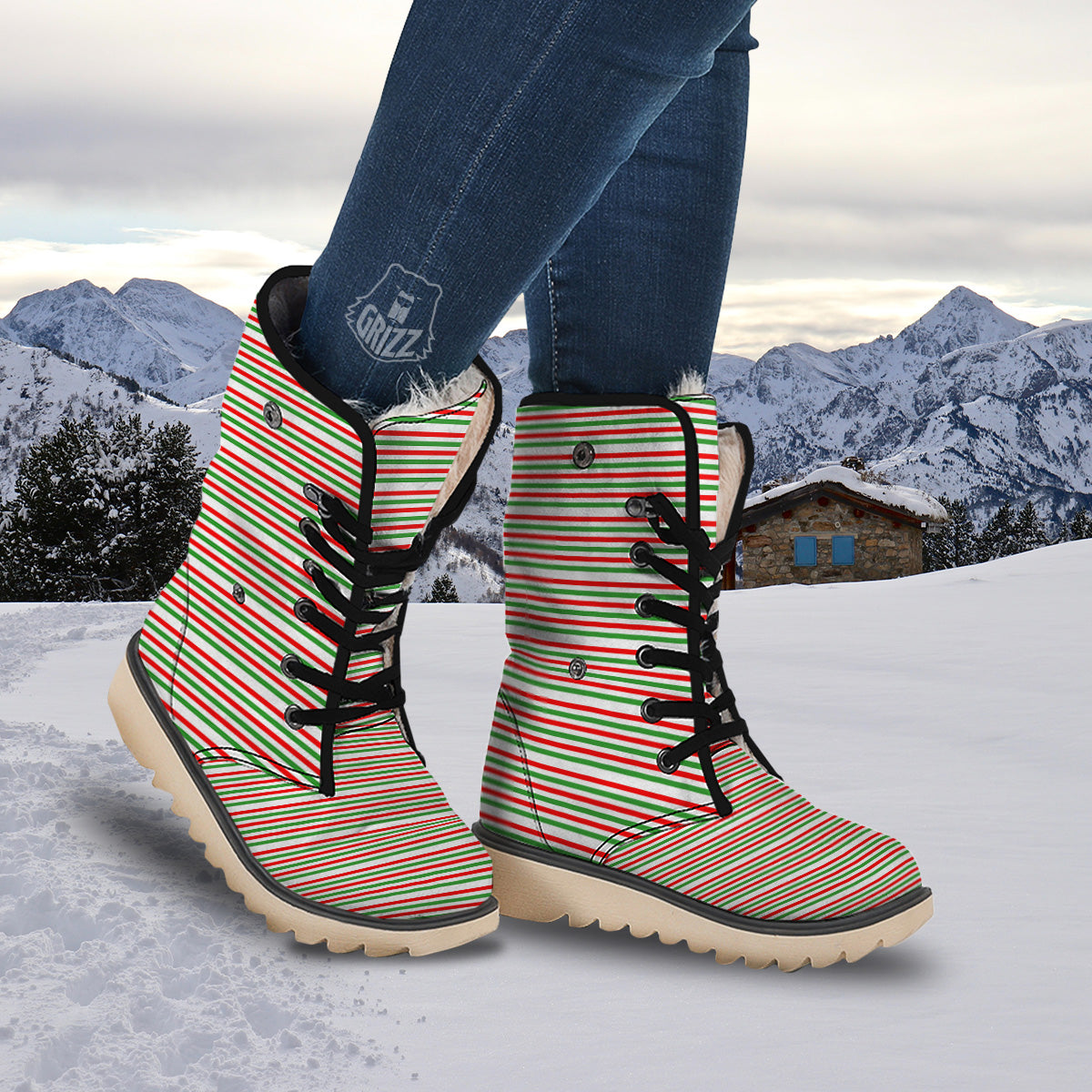 Striped Candy Cane Print Pattern Snow Boots-grizzshop