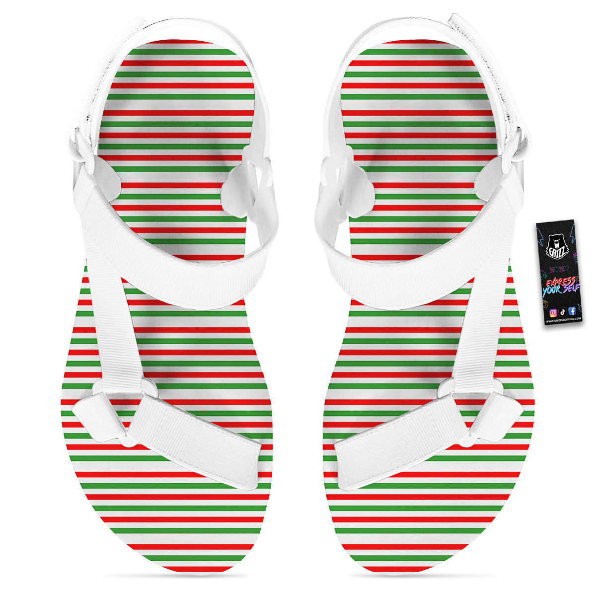 Striped Candy Cane Print Pattern White Open Toe Sandals-grizzshop