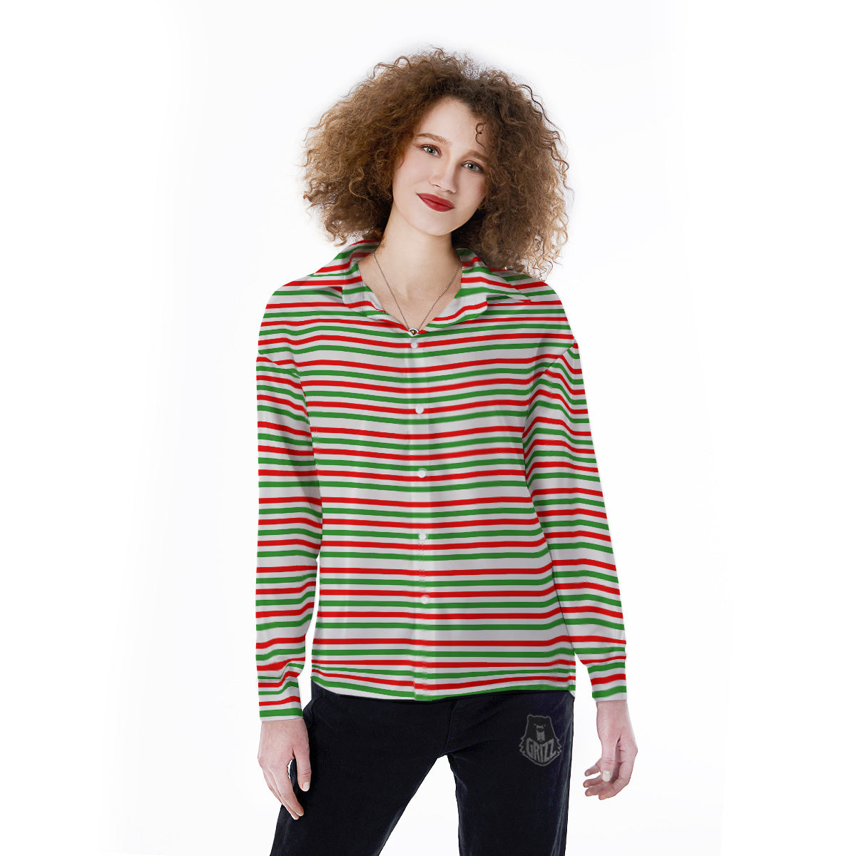 Striped Candy Cane Print Pattern Women's Long Sleeve Shirts-grizzshop