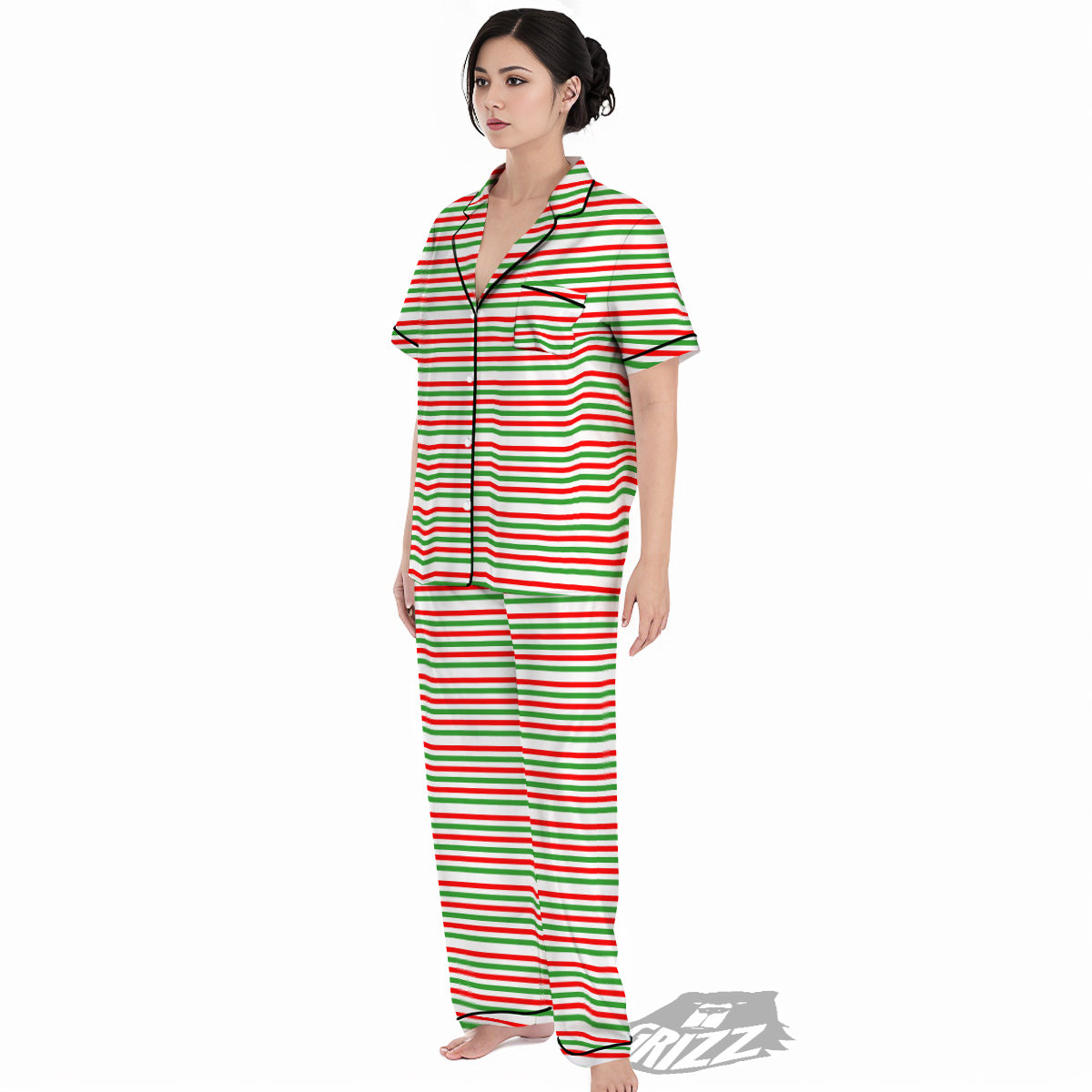 Striped Candy Cane Print Pattern Women's Pajamas Set-grizzshop