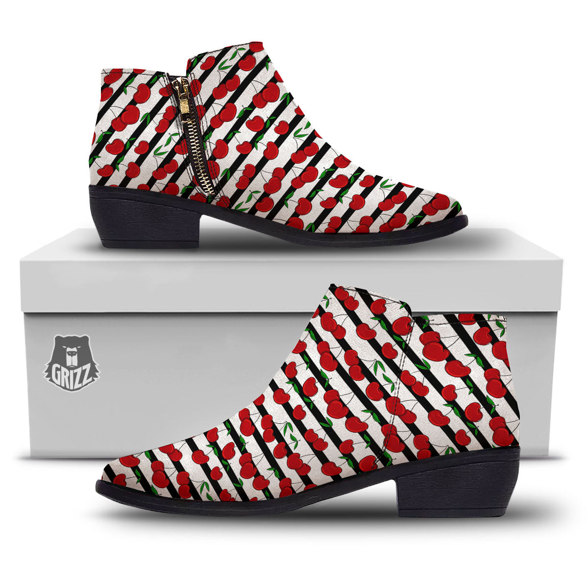 Striped Cherry Print Pattern Ankle Boots-grizzshop