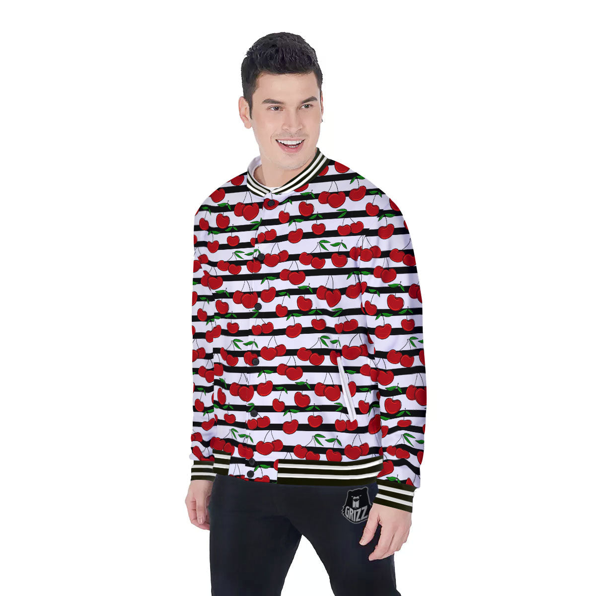 Striped Cherry Print Pattern Baseball Jacket-grizzshop