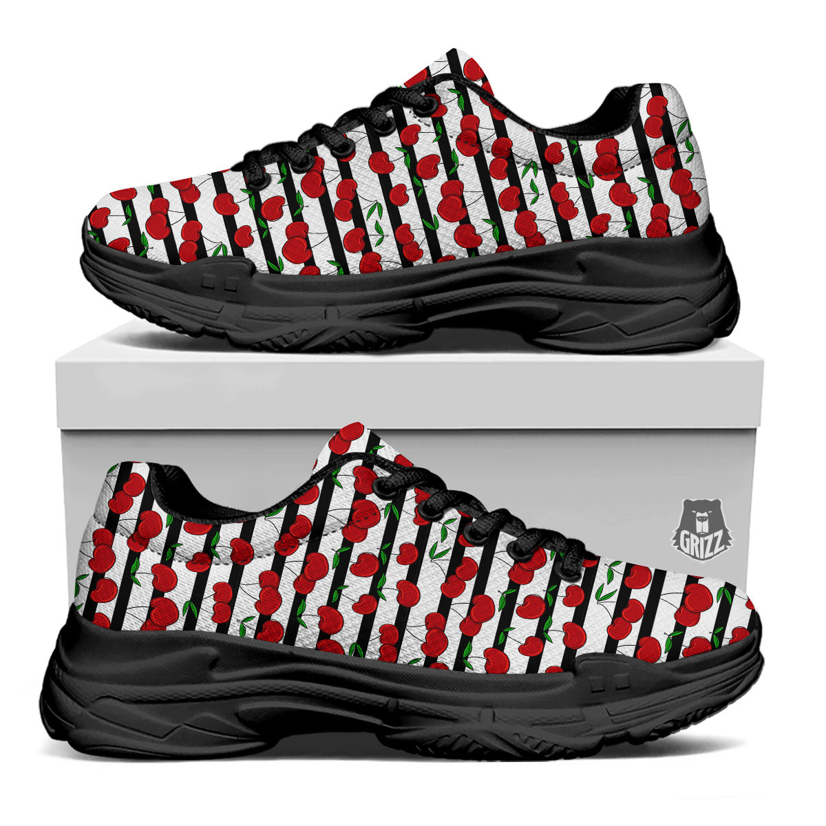 Striped Cherry Print Pattern Black Chunky Shoes-grizzshop