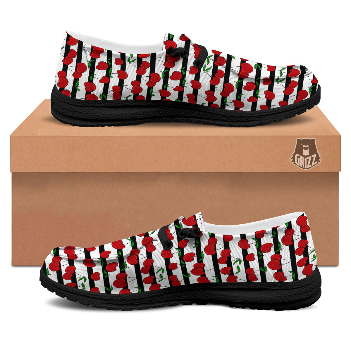 Striped Cherry Print Pattern Black Loafers-grizzshop
