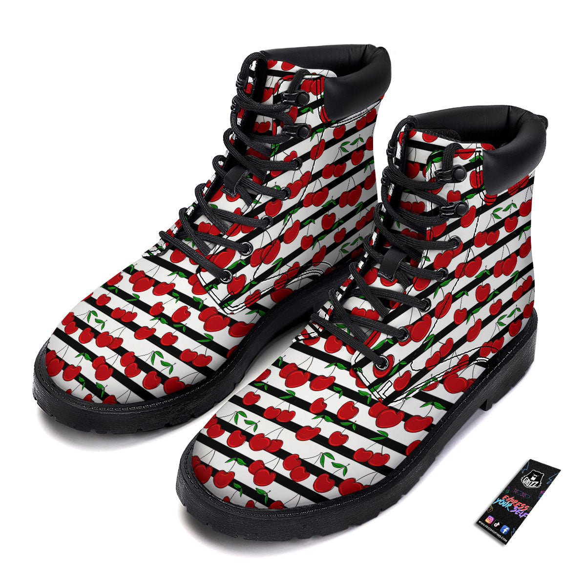Striped Cherry Print Pattern Boots-grizzshop