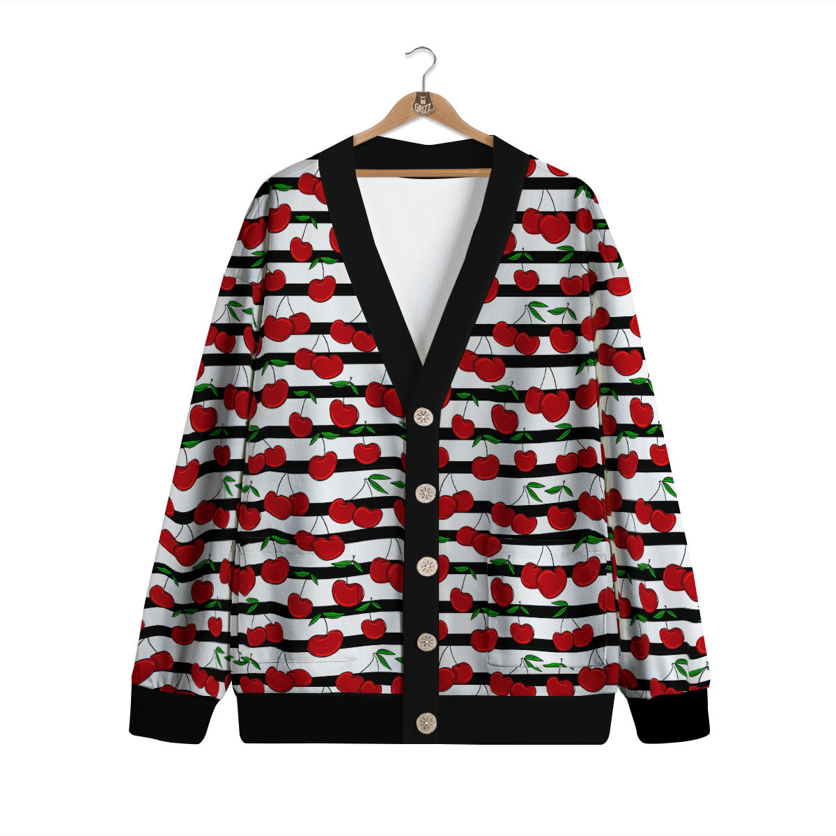 Striped Cherry Print Pattern Cardigan-grizzshop