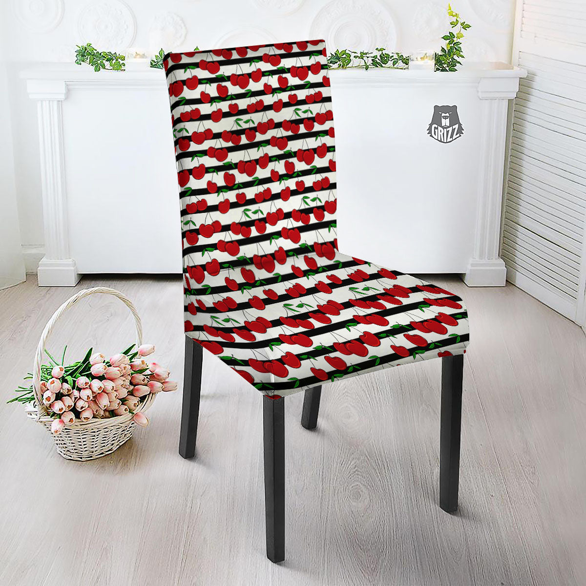 Striped Cherry Print Pattern Dining Chair Slipcover-grizzshop