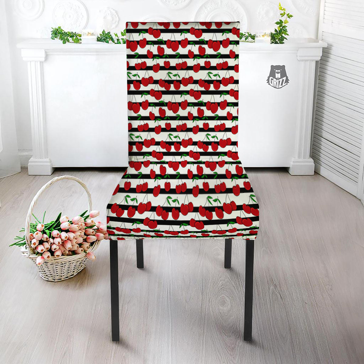 Striped Cherry Print Pattern Dining Chair Slipcover-grizzshop