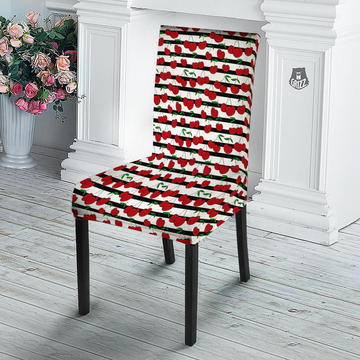 Striped Cherry Print Pattern Dining Chair Slipcover-grizzshop