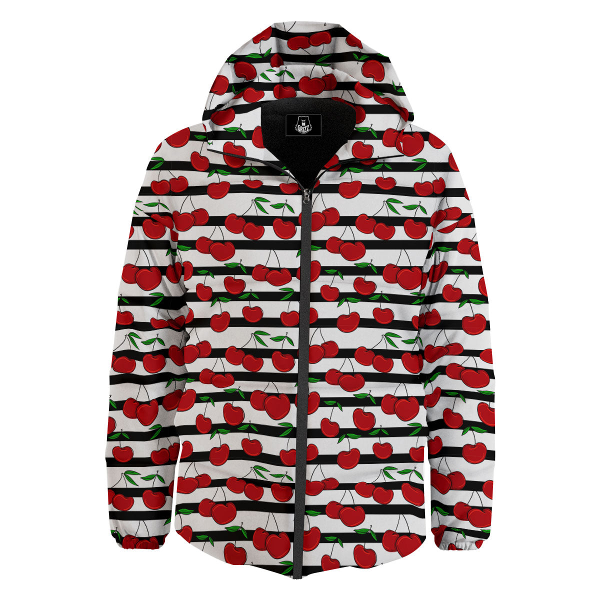 Striped Cherry Print Pattern Down Jacket-grizzshop