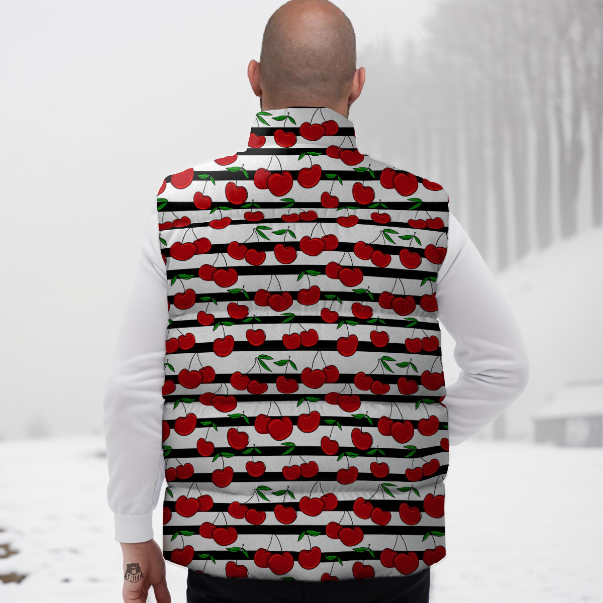 Striped Cherry Print Pattern Down Vest