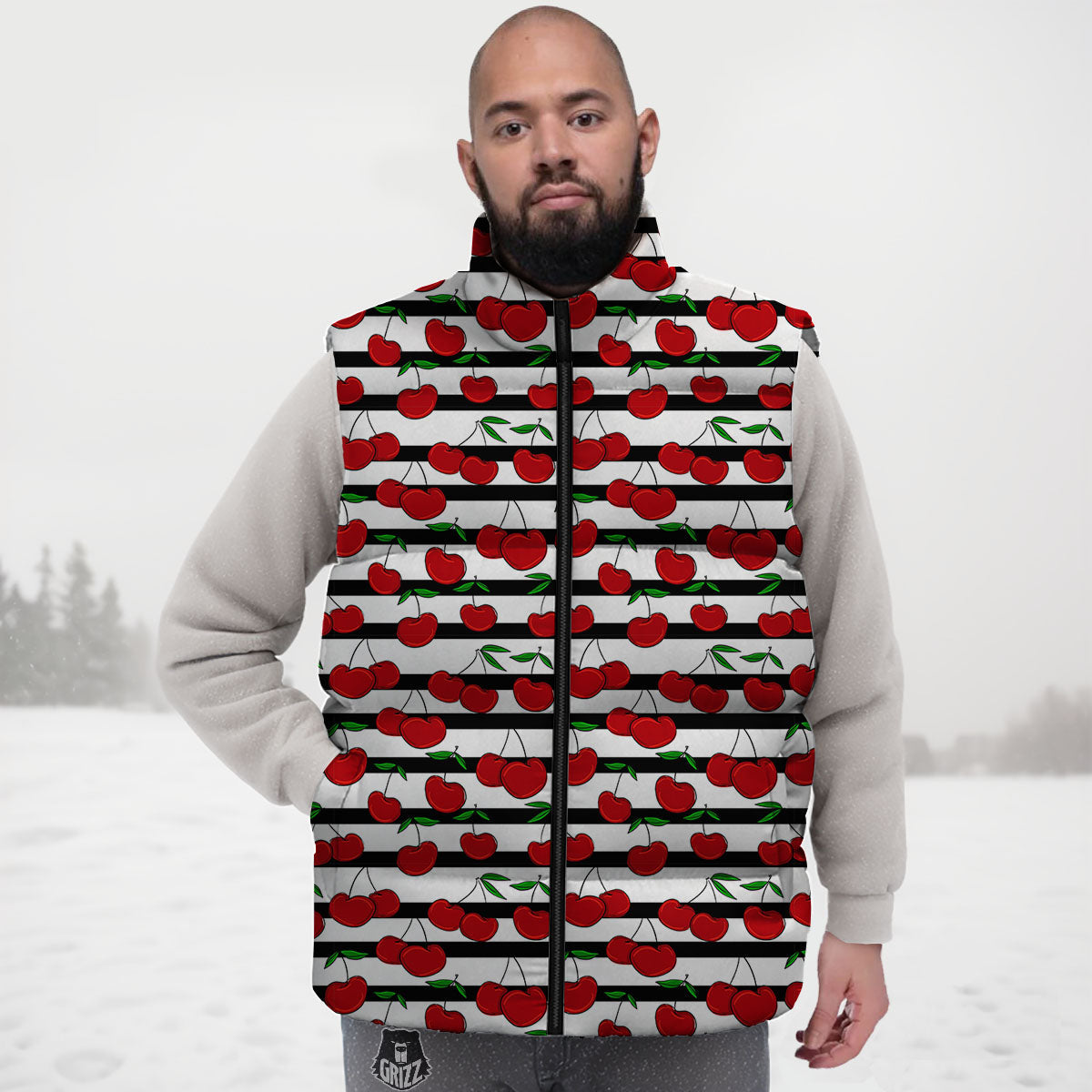 Striped Cherry Print Pattern Down Vest