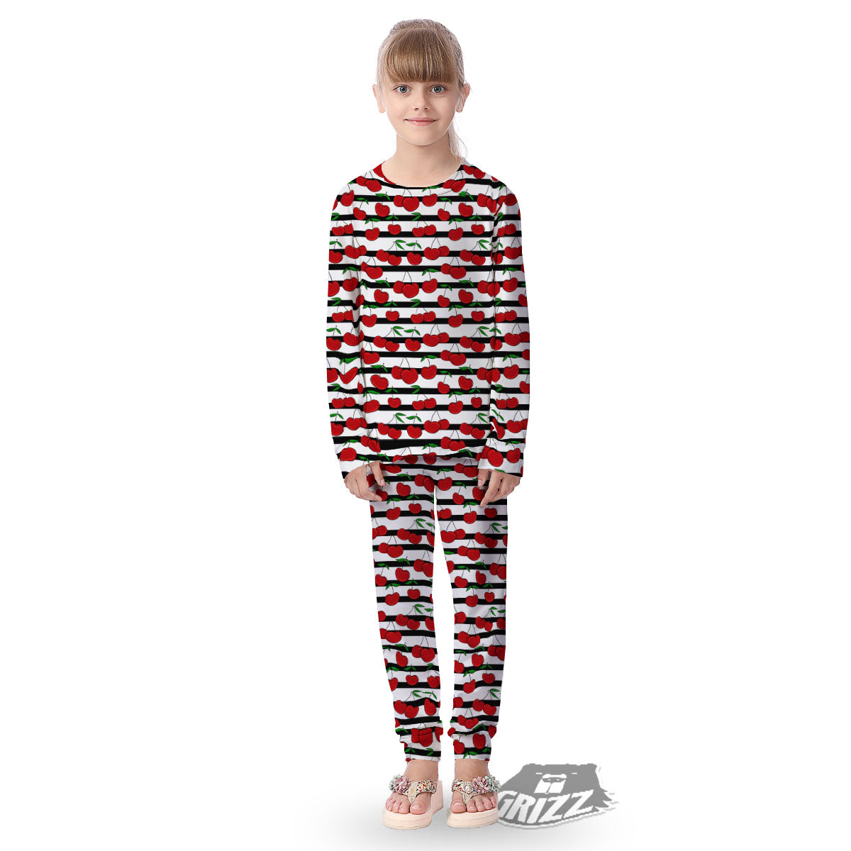 Striped Cherry Print Pattern Kid's Pajamas-grizzshop