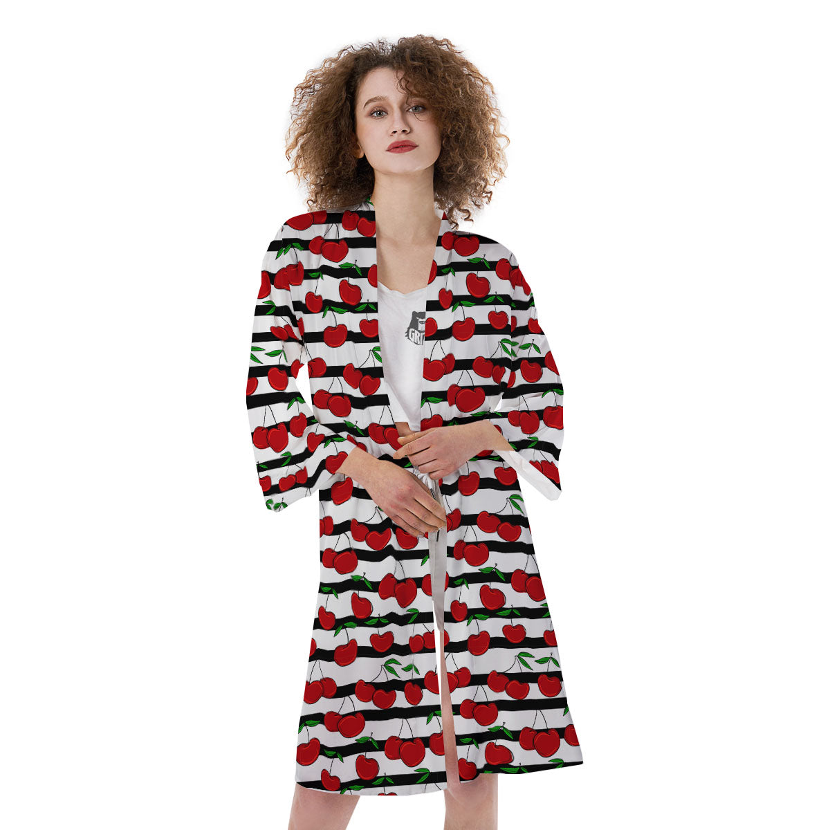 Striped Cherry Print Pattern Kimono-grizzshop