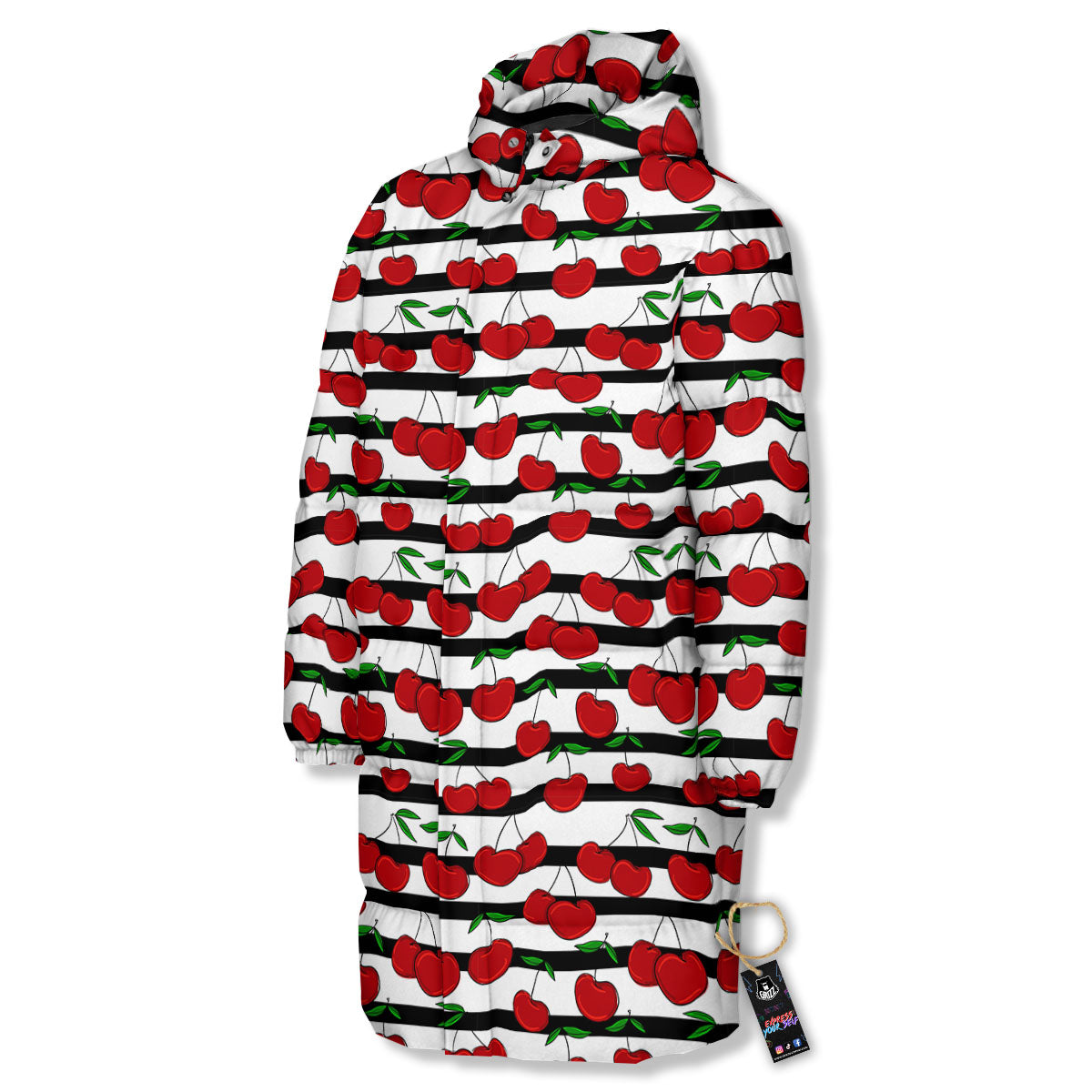 Striped Cherry Print Pattern Long Down Jacket-grizzshop