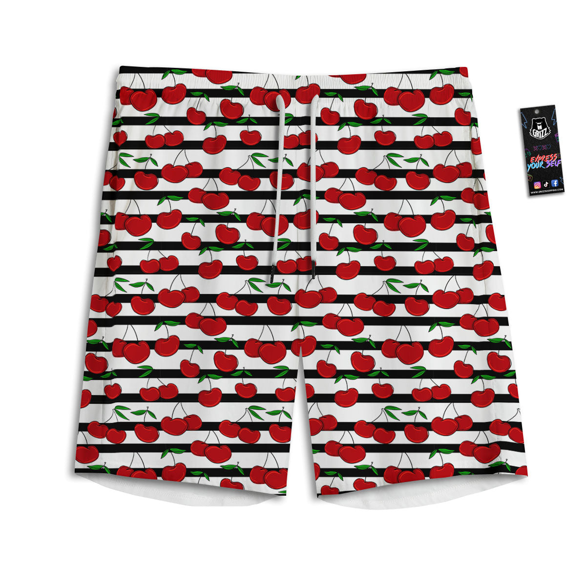 Striped Cherry Print Pattern Men's Athletic Shorts