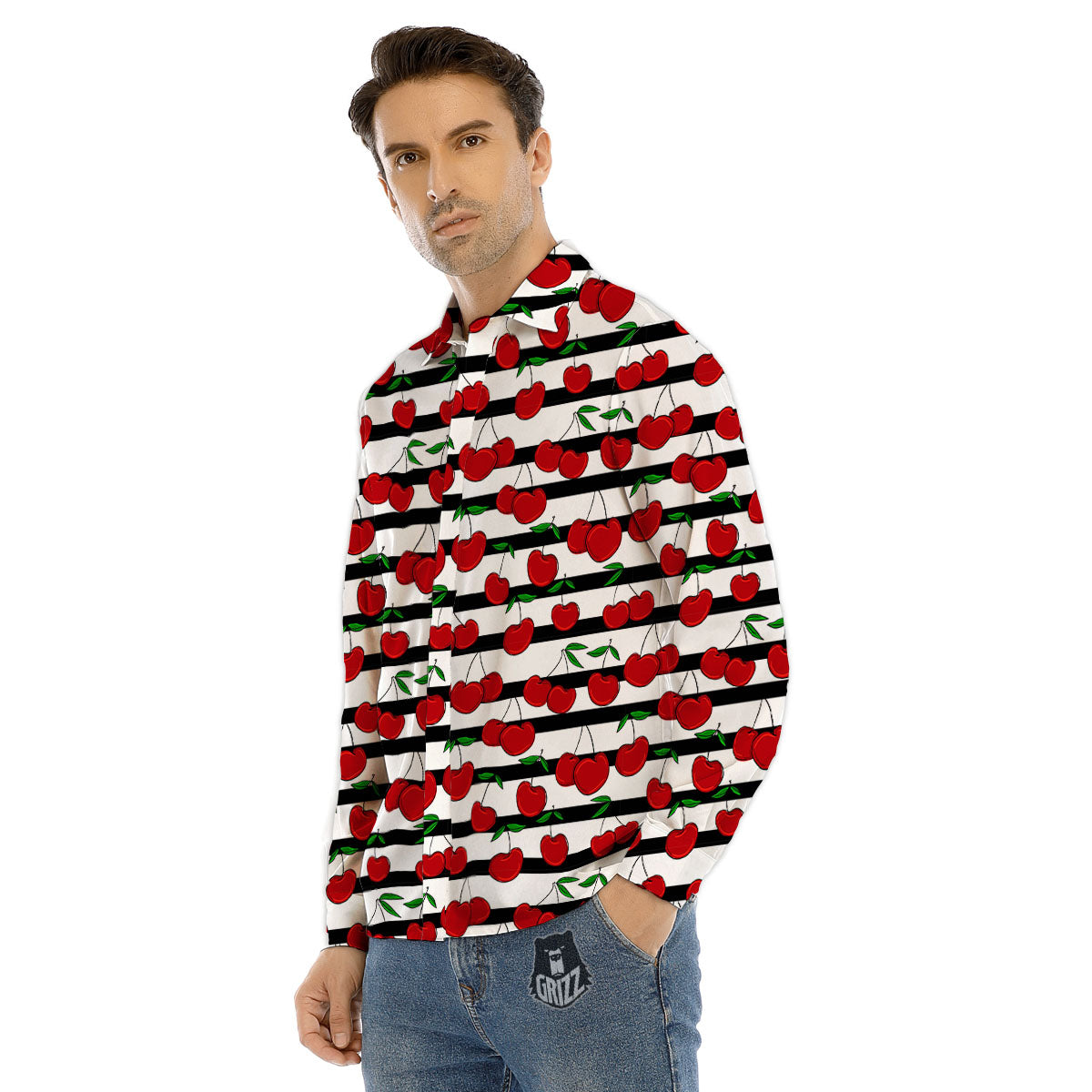 Striped Cherry Print Pattern Men's Dress Shirts-grizzshop