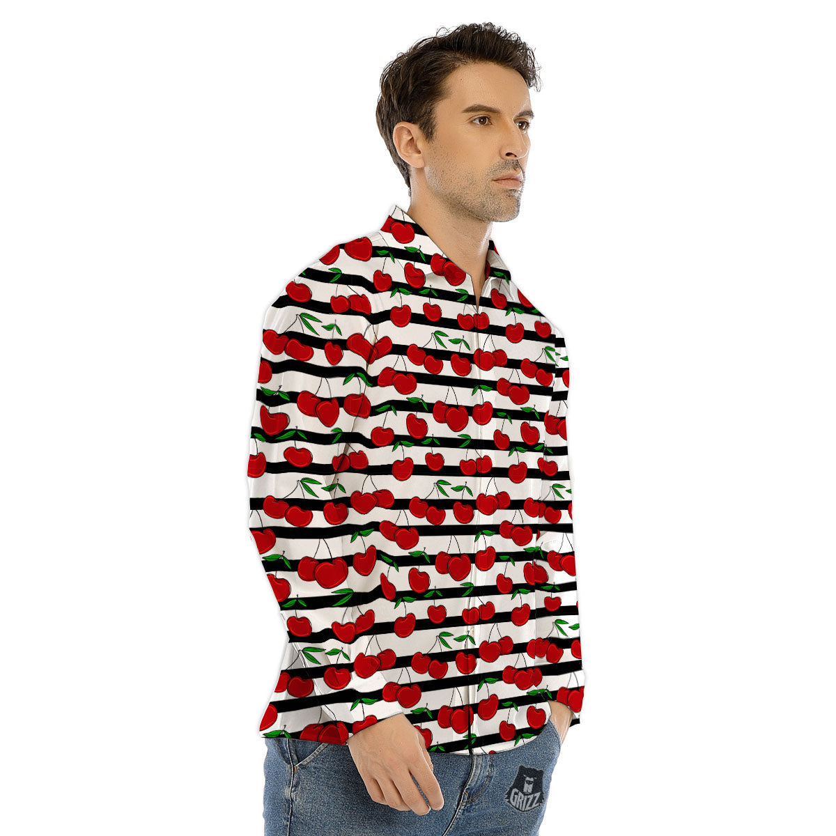 Striped Cherry Print Pattern Men's Dress Shirts-grizzshop