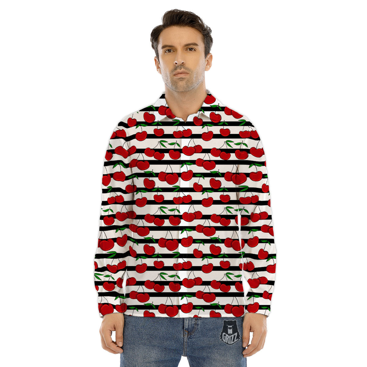 Striped Cherry Print Pattern Men's Dress Shirts-grizzshop