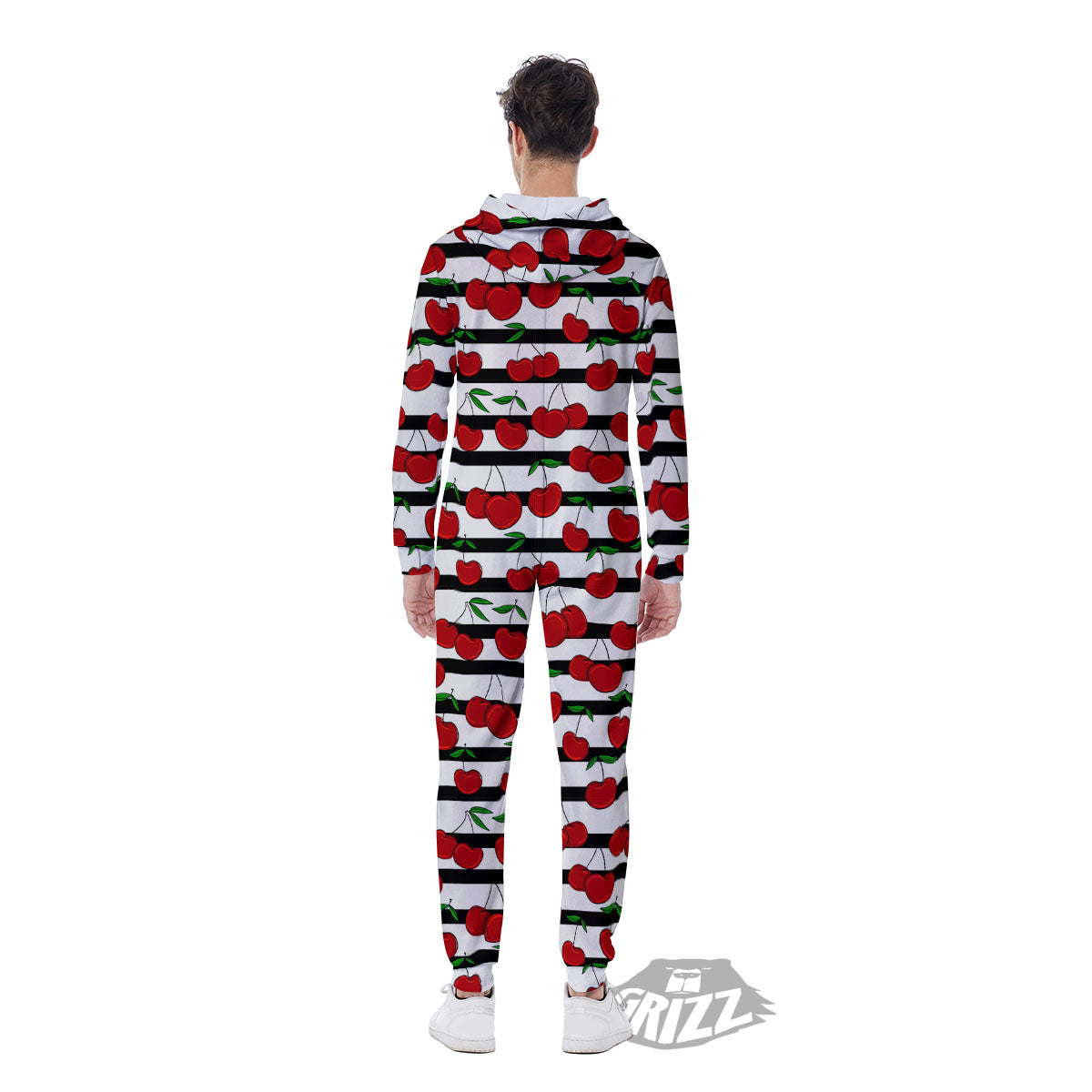 Striped Cherry Print Pattern Men's Jumpsuit-grizzshop