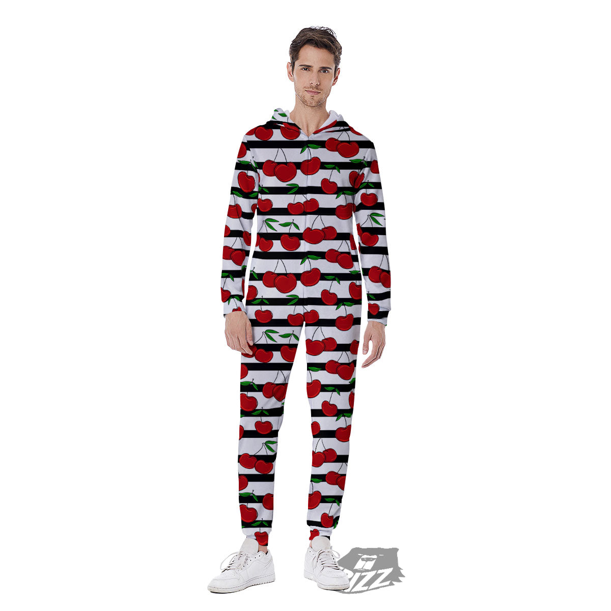 Striped Cherry Print Pattern Men's Jumpsuit-grizzshop