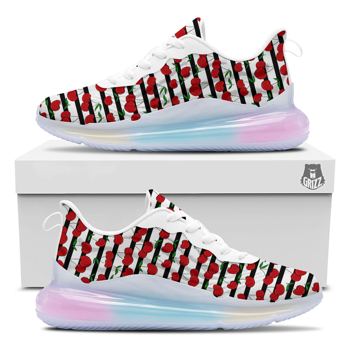 Striped Cherry Print Pattern Running Sneakers-grizzshop