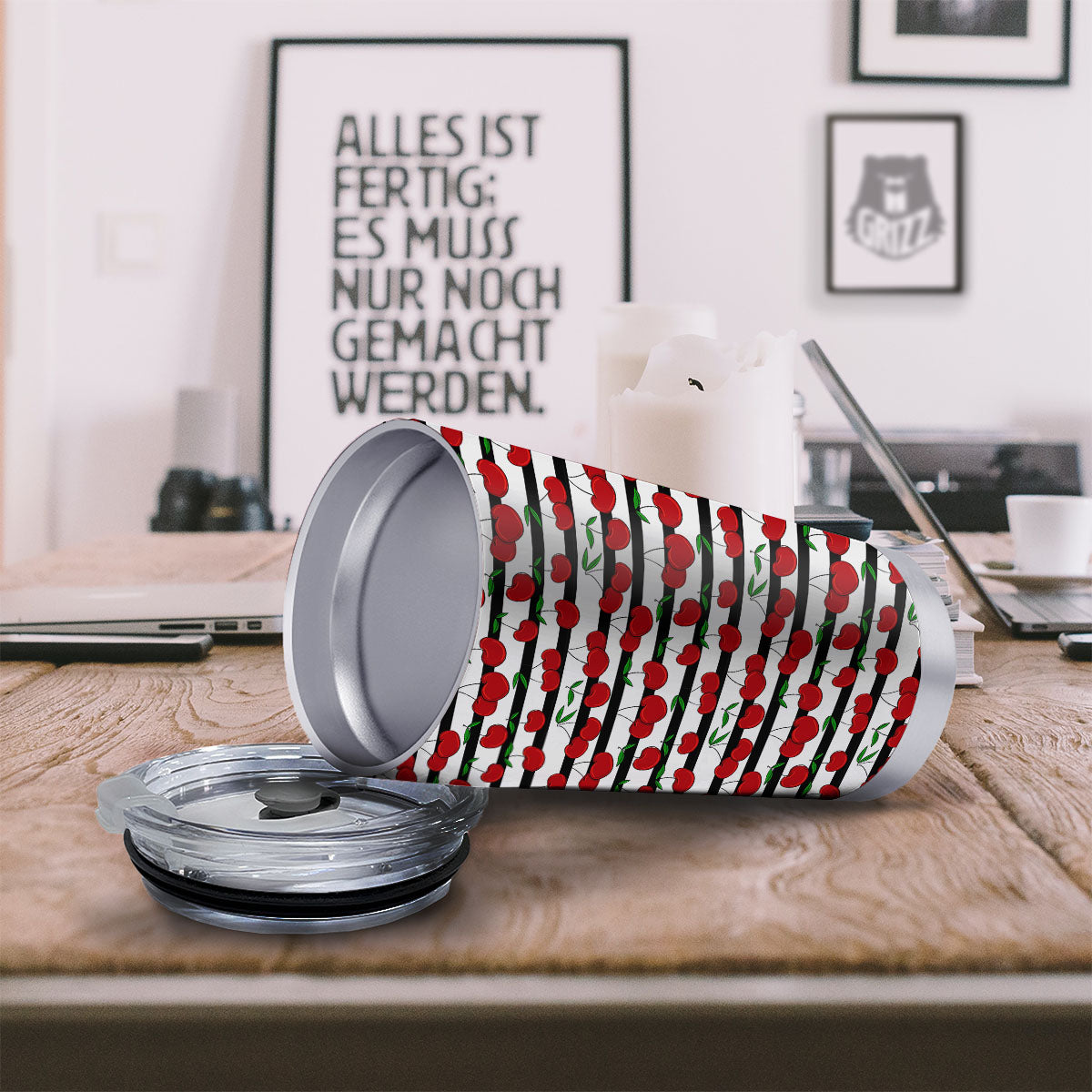 Striped Cherry Print Pattern Tumbler-grizzshop