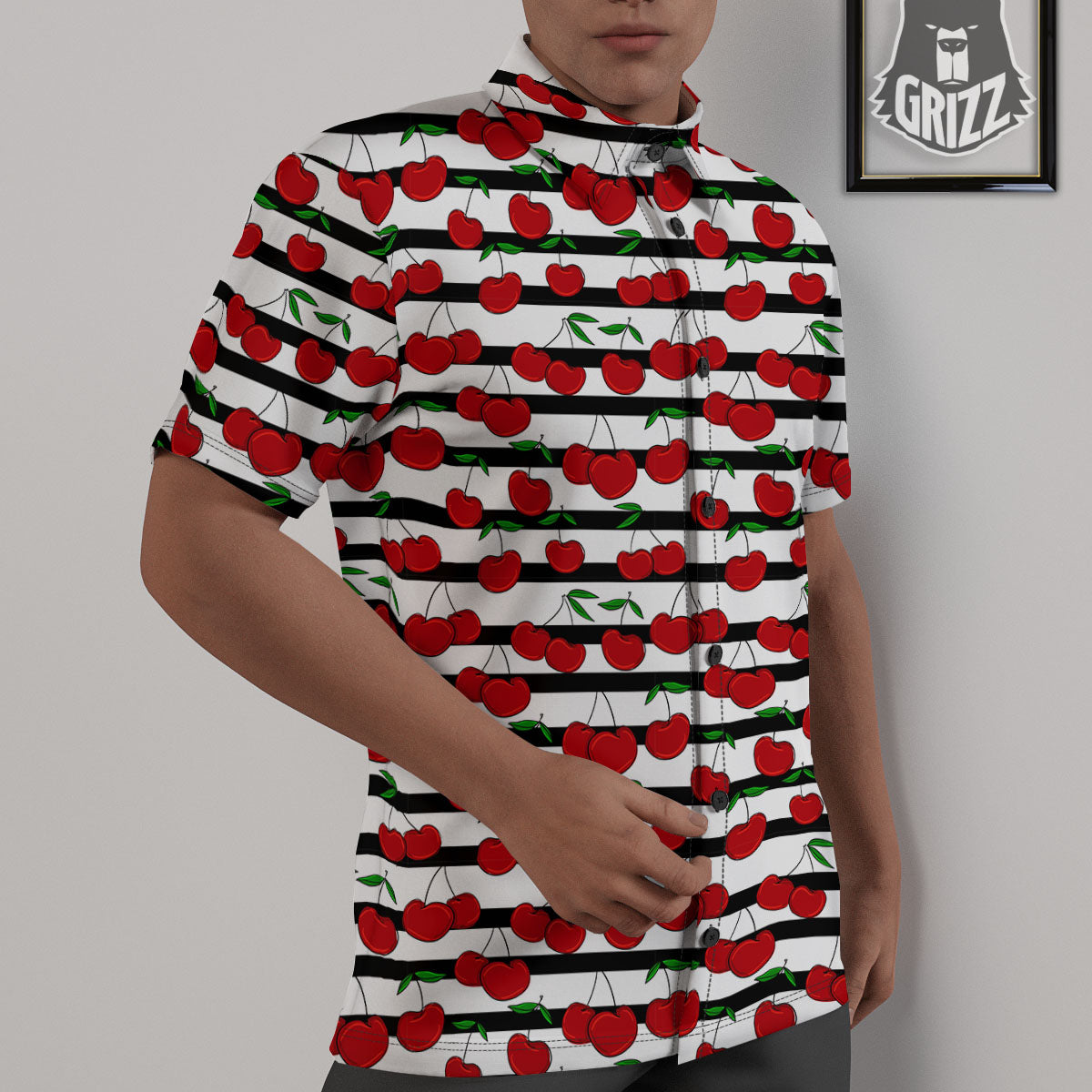 Striped Cherry Print Pattern Untucked Shirts-grizzshop