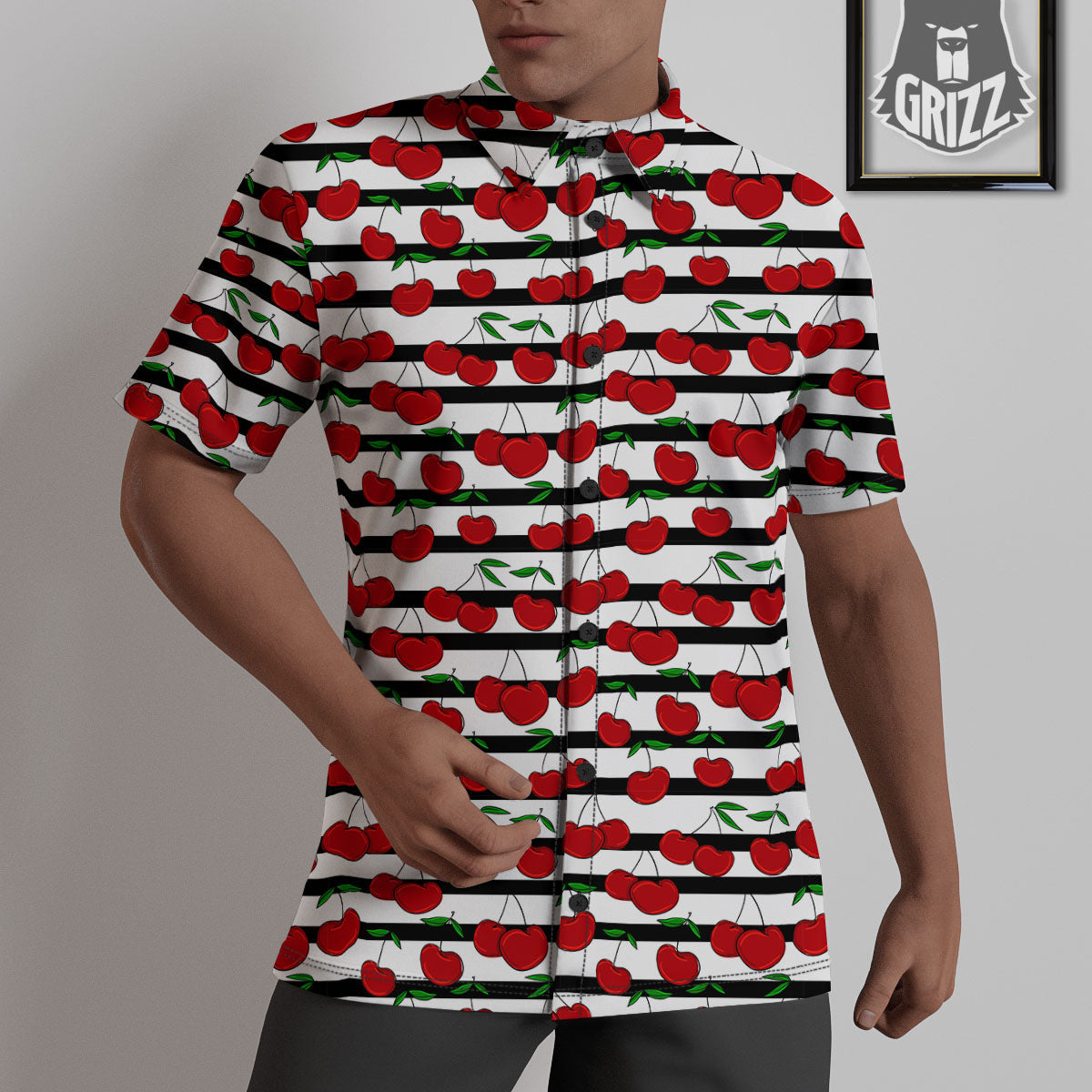 Striped Cherry Print Pattern Untucked Shirts-grizzshop