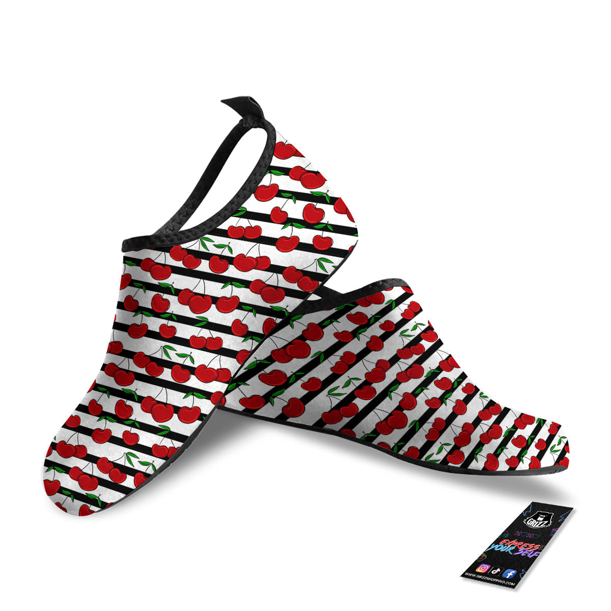 Striped Cherry Print Pattern Water Shoes-grizzshop
