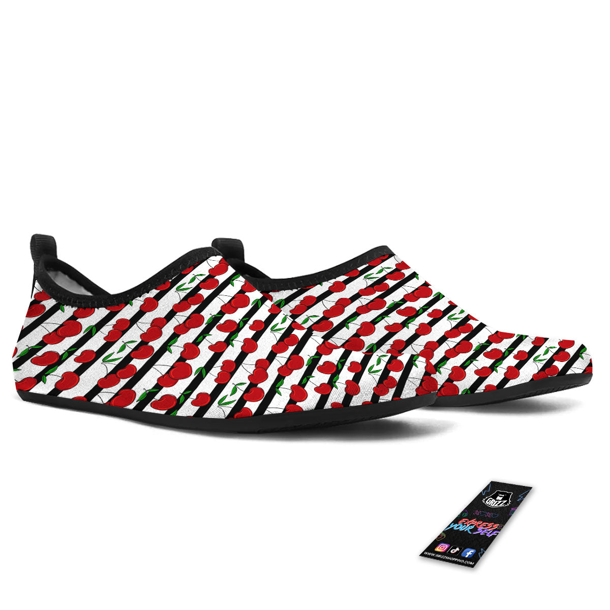 Striped Cherry Print Pattern Water Shoes-grizzshop