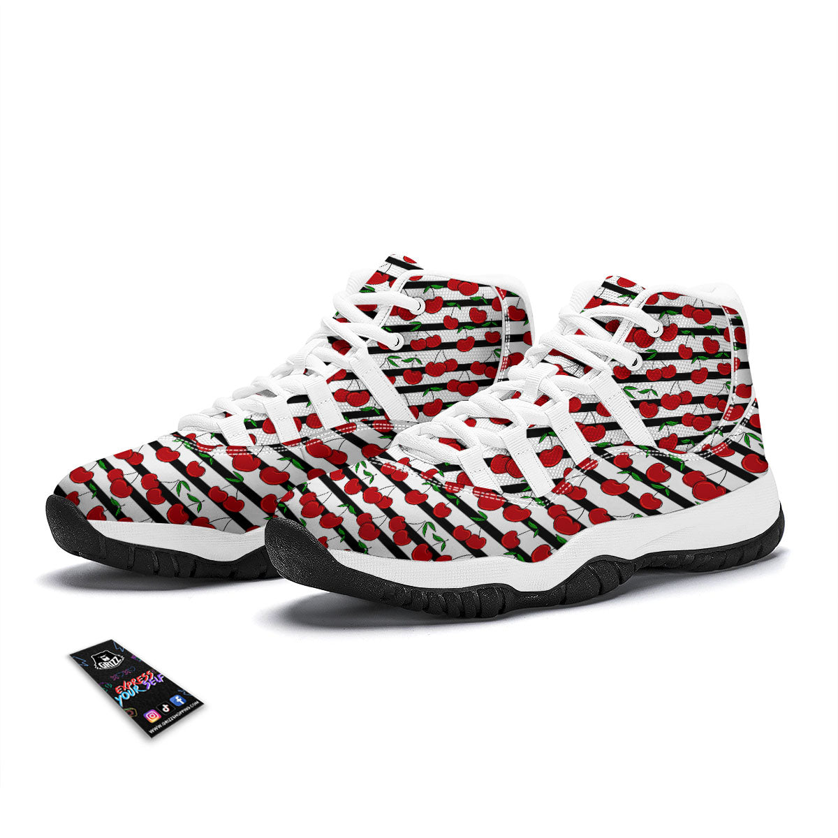 Striped Cherry Print Pattern White Bball Shoes-grizzshop