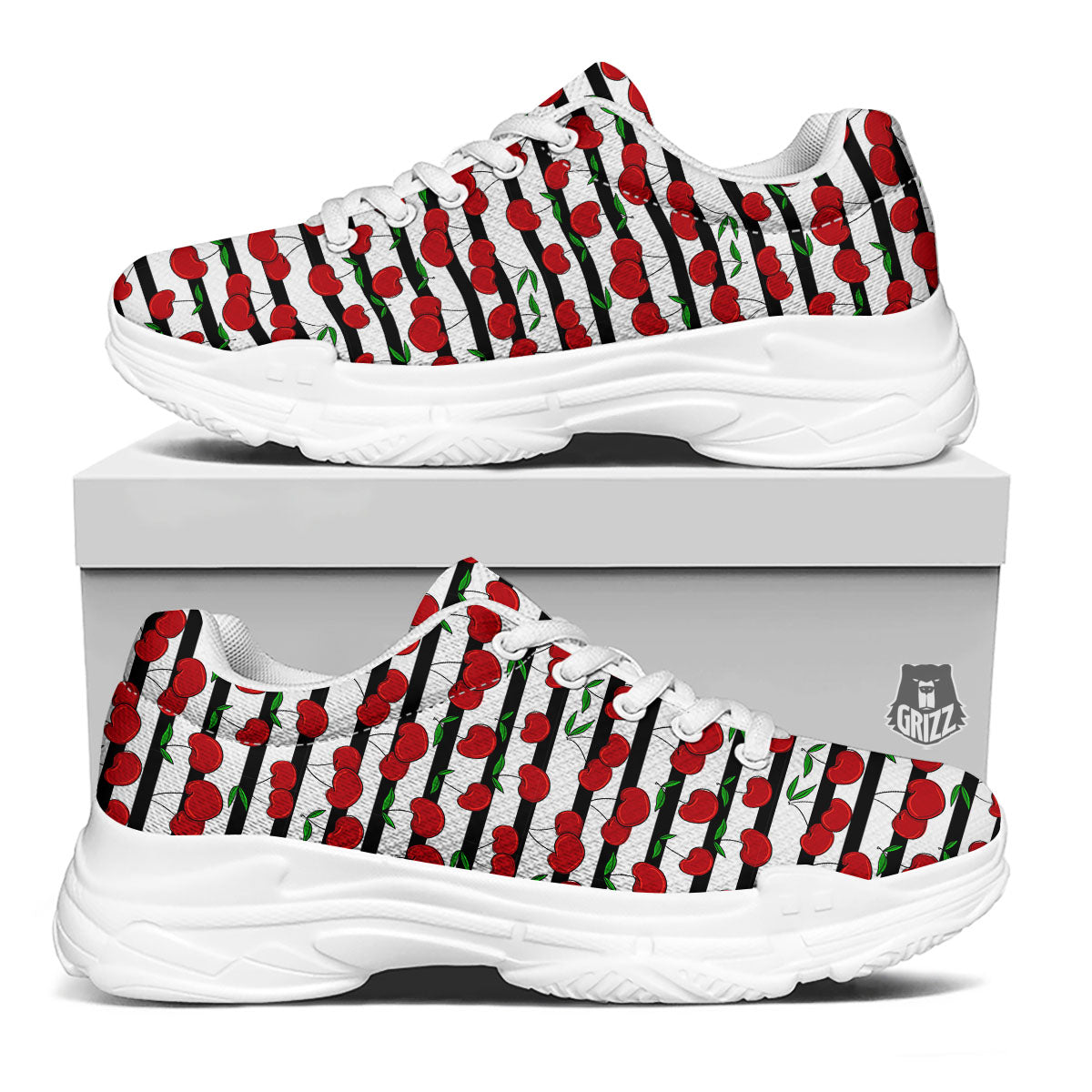 Striped Cherry Print Pattern White Chunky Shoes-grizzshop