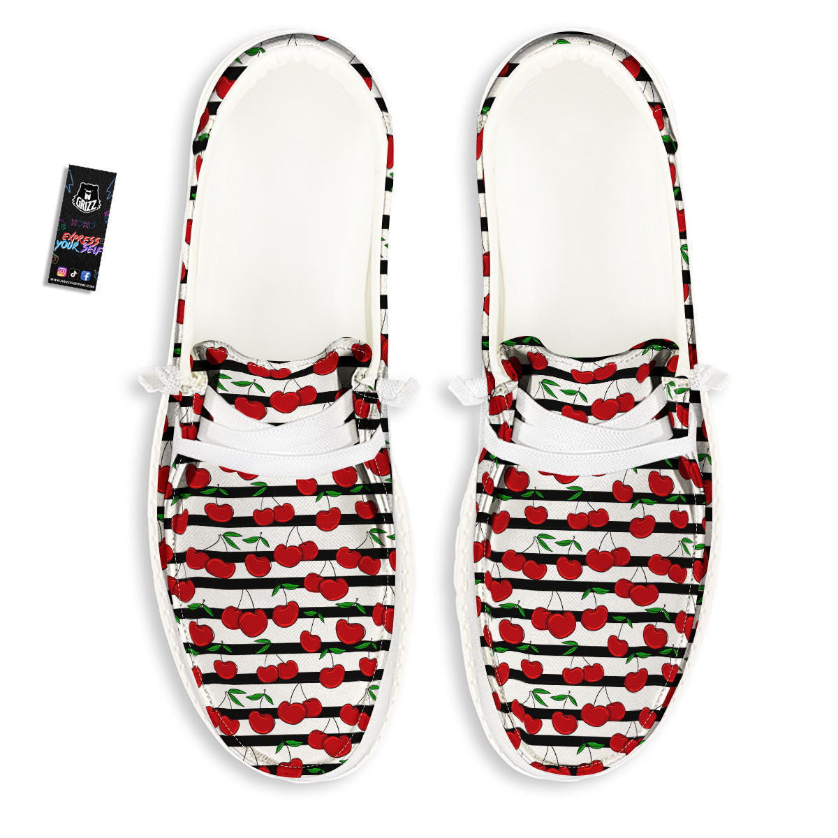 Striped Cherry Print Pattern White Loafers-grizzshop