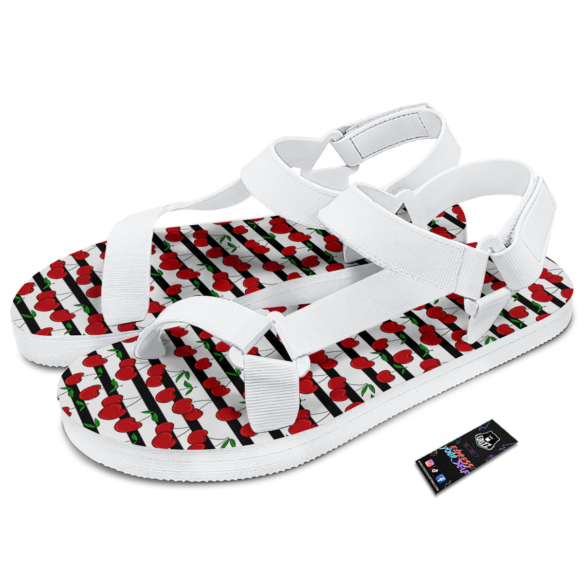 Striped Cherry Print Pattern White Open Toe Sandals-grizzshop