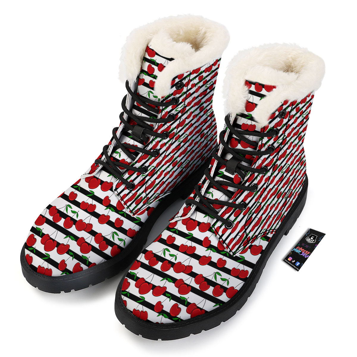Striped Cherry Print Pattern Winter Boots-grizzshop