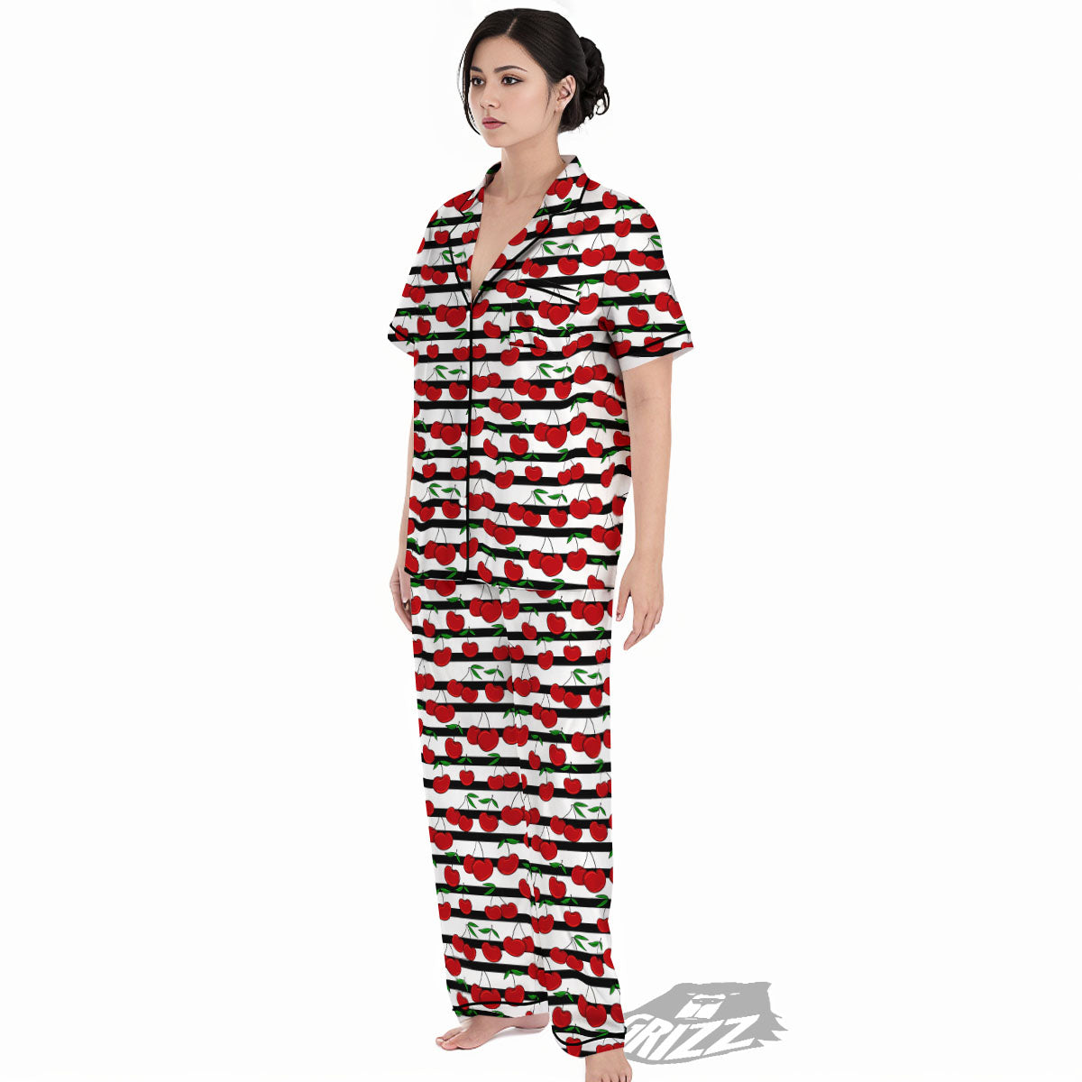 Striped Cherry Print Pattern Women's Pajamas Set-grizzshop