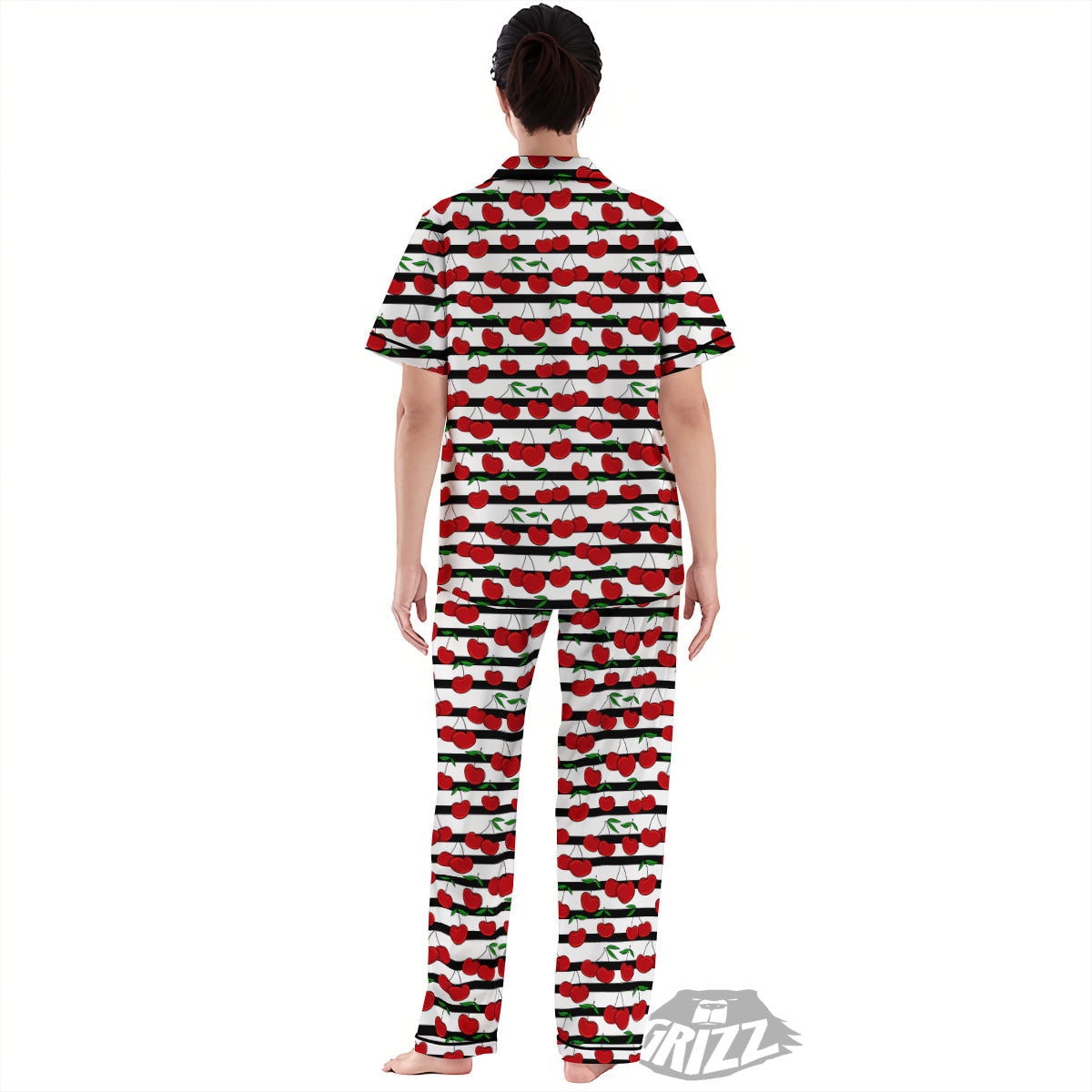 Striped Cherry Print Pattern Women's Pajamas Set-grizzshop