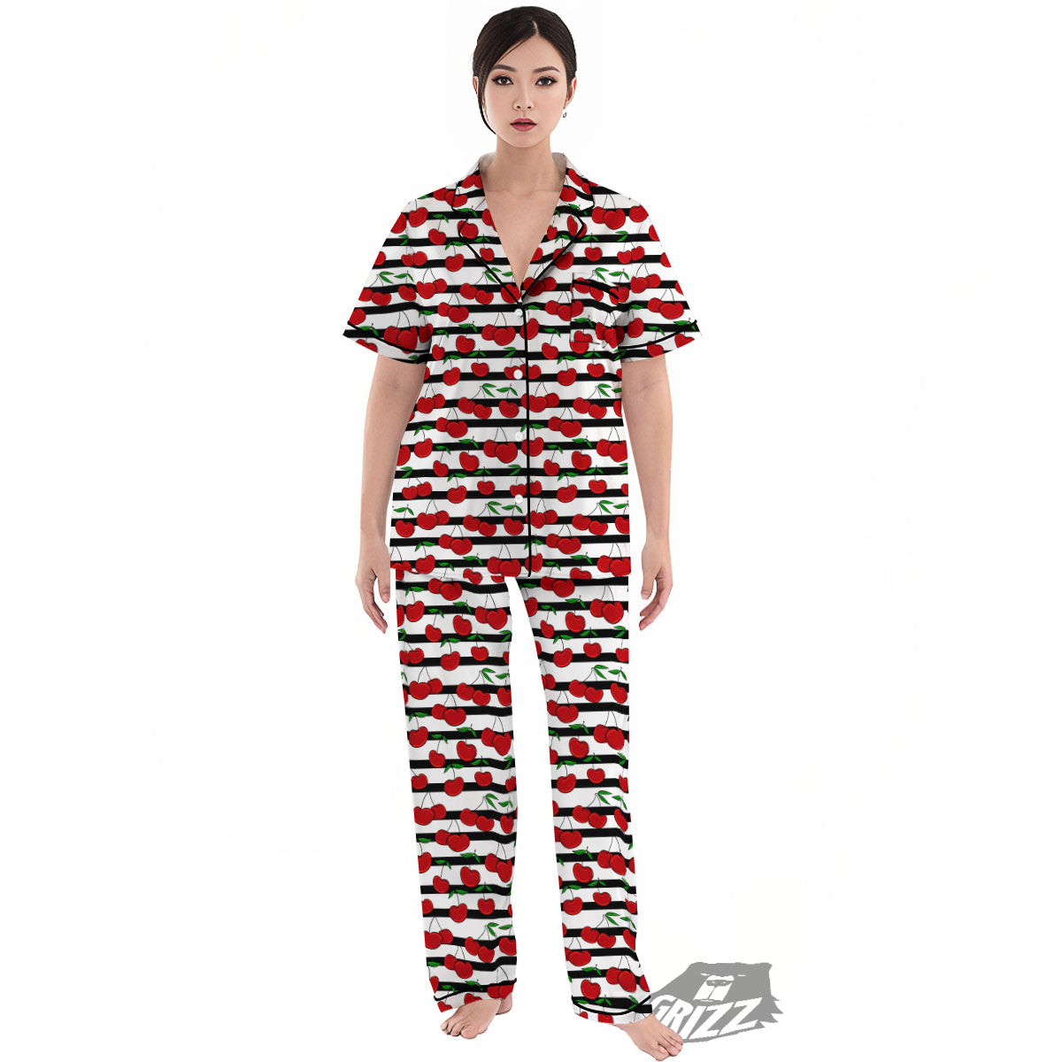 Striped Cherry Print Pattern Women's Pajamas Set-grizzshop