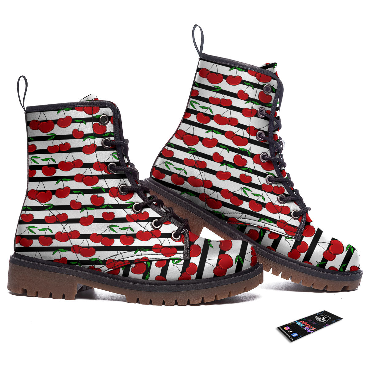 Striped Cherry Print Pattern Work Boots-grizzshop